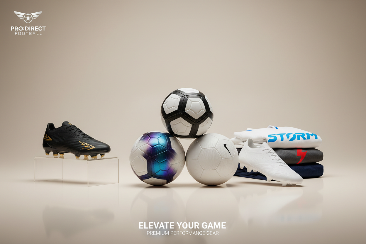 bProfessional football store banner. Minimal, clean, modern. 
Focus on footballs, shoes, jerseys. Soft neutral background, well-lit, clear product view. Relaxed, sporty, premium feel. 16:9